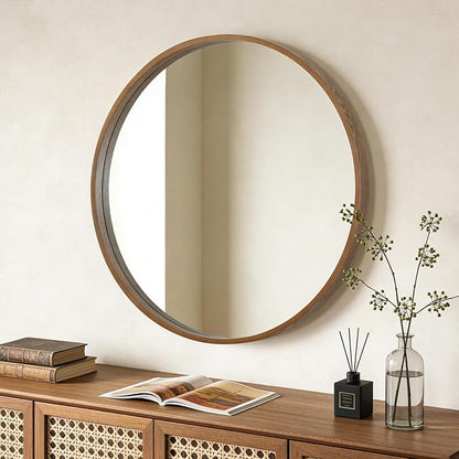 WallBeyond Round Wood Mirror, 36" Round Modern Decoration Large Circle Wall Mirror for Bathroom Living Room Bedroom Entryway, Walnut