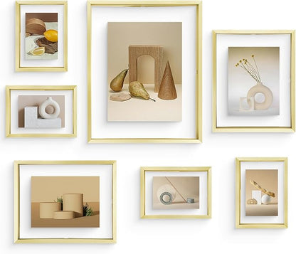 Frametory, Floating Picture Frames Set - Gold Metal Photo Frames - Real Glass - Displays One 11x14, Two 8x10, And Four 5x7 Inch Photos for Home Decoration