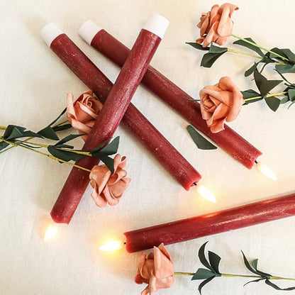 Red Flameless Taper Candles Battery Operated with 6H Timer, Real Wax 3D Wick Flickering LED Taper Candles Dinner Wedding Holiday Decor(6 Pack, 0.78 x 9.64 Inches)
