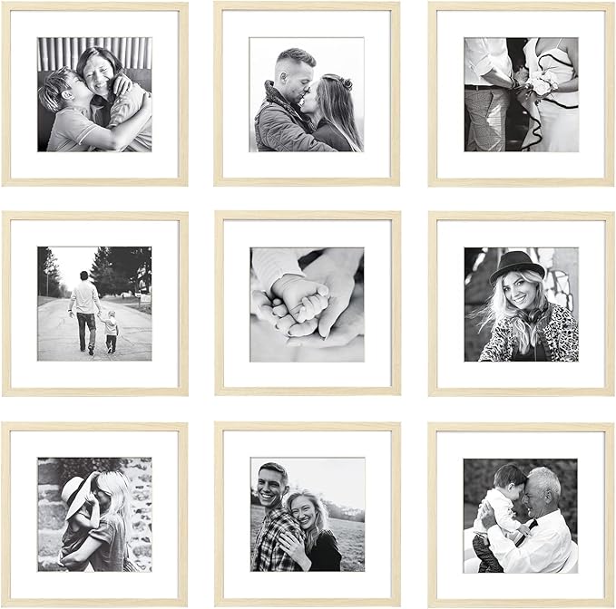 ArtbyHannah 12x12 Square Gallery Wall Frame Set for Home Decor or Wall Hanging Decoration, Matted to 8x8-9 Pack