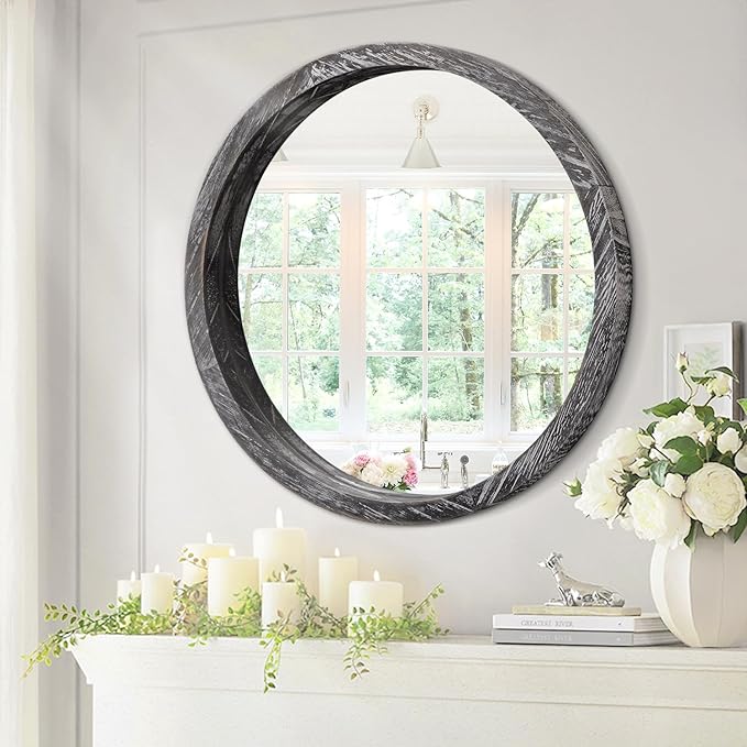 JJUUYOU Round Wall Mirror Circular Wooden Hanging Mirror for Bathroom Large Circle Black Mirror for Decor Wall Mounted Mirror for Farmhouse Living Room Bedroom 24Inch