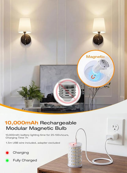 CLOUDY BAY 10000mAh Battery Operated Wall Sconces,Up to 100 Hours with Rechargeable RGB Dimmable Magnetic Bulb,Cordless Wall Lighting Fixtures with Remote for Bedroom,Black,2 Pack-12inch
