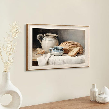 ASTRDECOR Framed Kitchen Wall Art, Modern Muted Still Life Painting Farmhouse Wall Decor, Sourdough Bread Canvas Art Prints, Rustic Jars White Tablecloth Country Wall Decor Living Room-16''x 24''