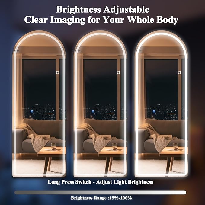 Arch LED Mirror Full Length - 26" x 71" Arched Top Rounded Corners Floor Full Body Mirror with 3 Color Lights Brightness Adjustable, Standing Leaning for Bedroom, Dressing Room, White