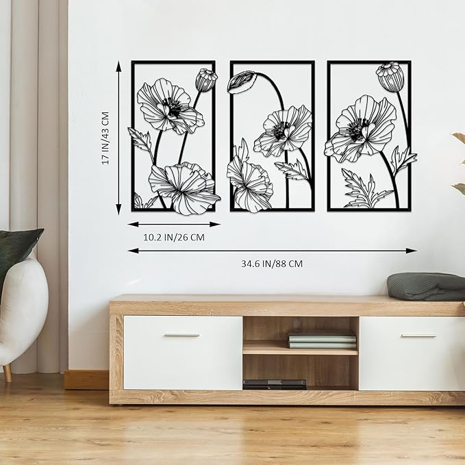 Resama 3 Pcs Black Metal Flowers Wall Decor, Minimalist Abstract Wall Art Modern Floral Line Wall Sculpture Hanging for Bedroom Bathroom Kitchen
