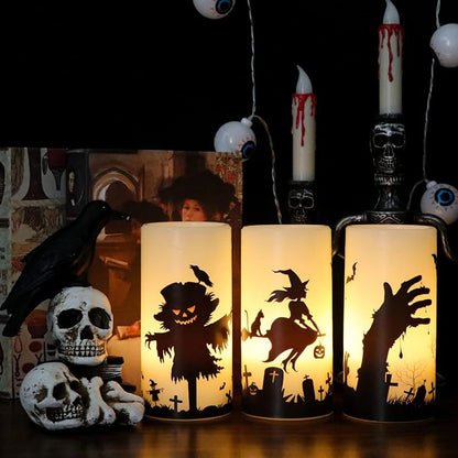 Halloween LED Flameless Pillar Candles Battery Operated Remote and Timer Real Wax Yellow Light Flickering Scarecrow Witch Ghost Hand Decals Halloween Candles Decoration Gifts(3 x 6 Inches)