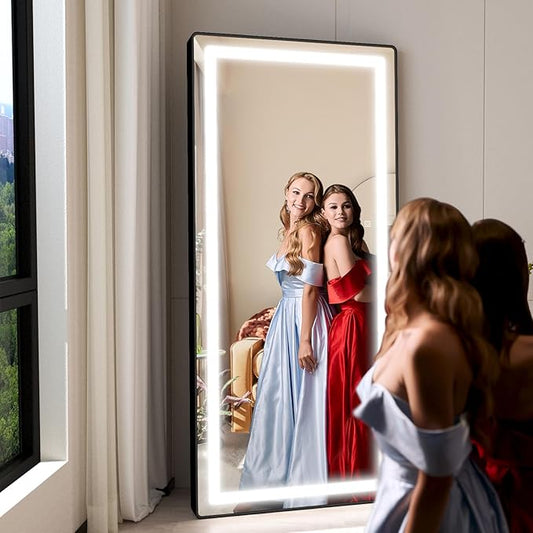 FENNIO Full Length Mirror with Lights, 70" x 32" LED Full Body Mirror, Free Standing Lighted Floor Mirror, Wall Mounted Hanging Mirror with Lights for Bedroom, Salon, Brushed Aluminum Frame, Black