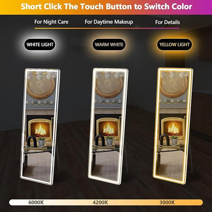 Sweetcrispy LED Full Length Mirror with Stand, 60"x16" Lighted Floor Body Mirror with Dimming & 3 Color Lighting, Hanging or Leaning, Floor Standing for Bedroom, Dressing Room