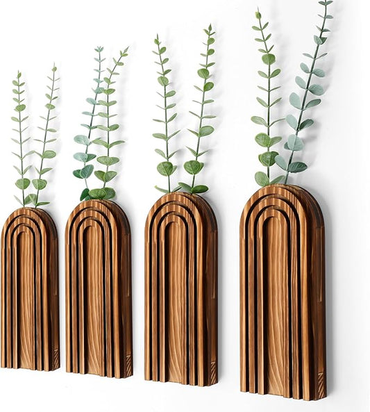 Ziliny 4 Pack Wall Planter Indoor Decor Plant Holders Boho Wood Hanging Vases for Modern Farmhouse Living Room Bedroom Rainbow Decor (Dark Brown)