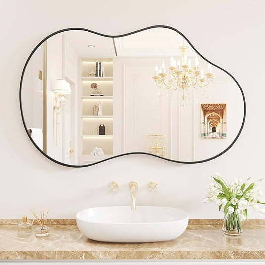 WEER Irregular Wall Mirror, 24x36 inch Black Asymmetrical Wall Mounted Mirrors Decorative, Abstract Wavy Aluminum Alloy Frame for Bathroom, Bedroom, Living Room, Entryway