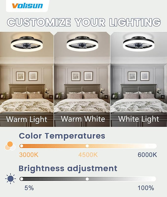 VOLISUN 13 inch Small Ceiling Fans with Lights and Remote, Low Profile Ceiling Fans with Light, 3000K-6500K Dimmable LED Ceiling Light Flush Mount, Bladeless Fandelier Ceiling Fan (Black)
