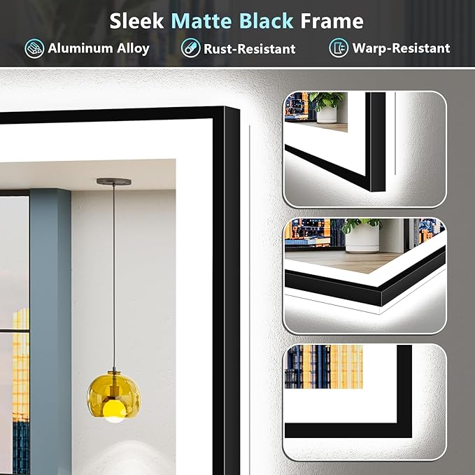 88x38 Black Framed LED Bathroom Mirror with Lights, Backlit and Front Lit Anti-Fog Lighted Vanity Mirrors for Bathroom Wall, Dimmable, 3 Colors, Memory, HD Tempered Glass, Horizontal/Vertical