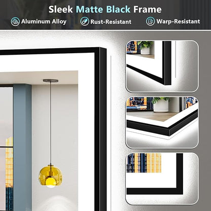 84x40 Black Framed LED Bathroom Mirror with Lights, Backlit and Front Lit Anti-Fog Lighted Vanity Mirrors for Bathroom Wall, Dimmable, 3 Colors, Memory, HD Tempered Glass, Horizontal/Vertical
