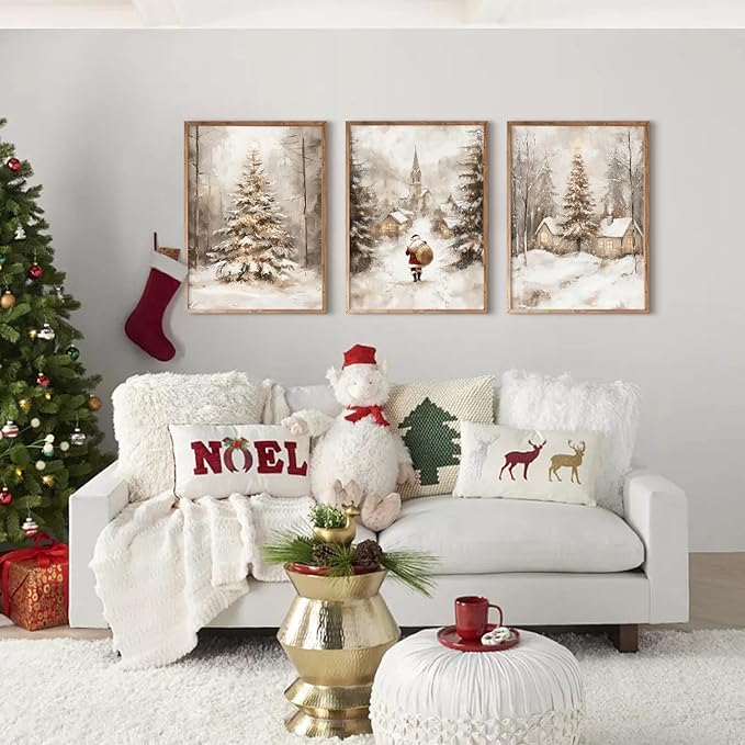 Christmas Wall Art Decor Winter Santa Pictures Vintage Christmas Canvas Poster Snowy Pine Trees Wall Art Xmas Forest Prints Santa Claus Painting Artwork for Bedroom Living Room 16x24x3 Inch Unframed