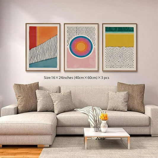 myusuar 3 Piece Large Modern Abstract Canvas Framed Wall Art For Living Room, Midcentury Minimalist Boho Wall Art Decor Posters Prints For Bedroom Office, 16x24in