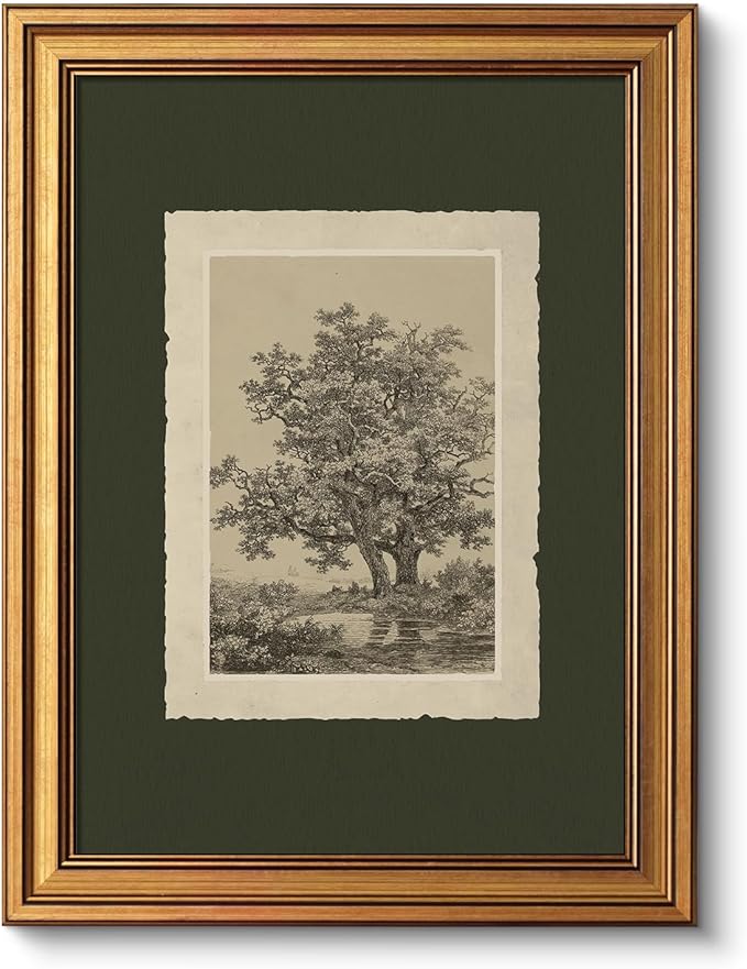 VIYYIEA Vintage Gold Framed Wall Art, Oak Tree Forest Landscape Painting Canvas Prints, Green Gray Tree Natural Sketch Picture, Moody Rustic Farmhouse Artwork for Living Room Bedroom Bathroom, 12x16inch