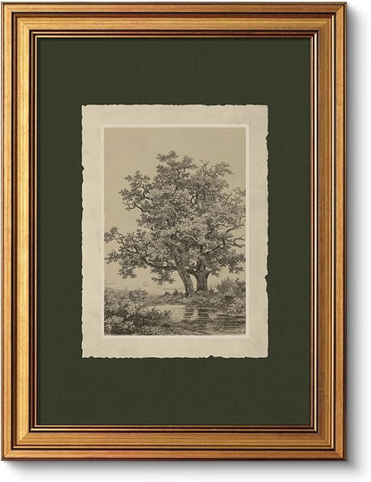 VIYYIEA Vintage Gold Framed Wall Art, Oak Tree Forest Landscape Painting Canvas Prints, Green Gray Tree Natural Sketch Picture, Moody Rustic Farmhouse Artwork for Living Room Bedroom Bathroom, 12x16inch