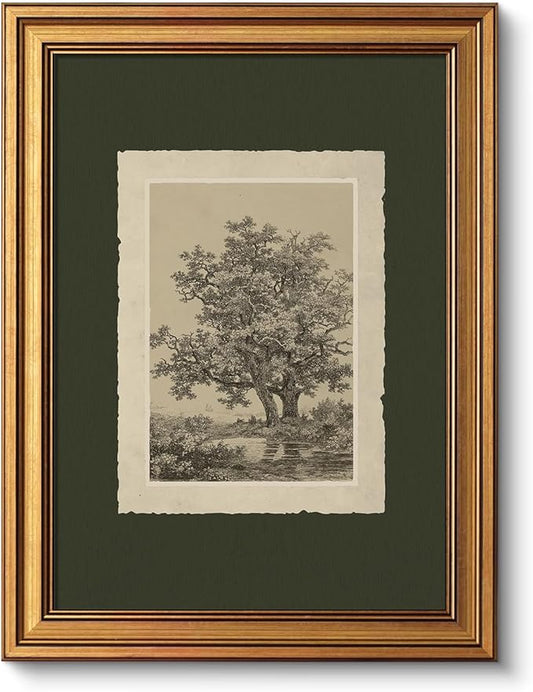 VIYYIEA Vintage Gold Framed Wall Art, Oak Tree Forest Landscape Painting Canvas Prints, Green Gray Tree Natural Sketch Picture, Moody Rustic Farmhouse Artwork for Living Room Bedroom Bathroom, 12x16inch