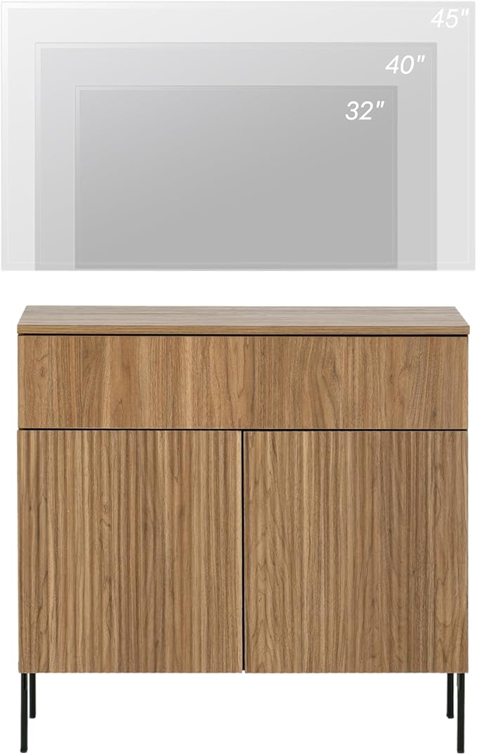 WAMPAT Fluted TV Stand TVs up to 35", 31.5" W Modern TV Entertainment Center with Storage Cabinets and 1 Drawers & 2 Doors, Wood Media TV Console Table with Storage for Living Room, Light Walnut