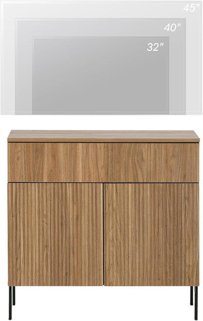 WAMPAT Fluted TV Stand TVs up to 35", 31.5" W Modern TV Entertainment Center with Storage Cabinets and 1 Drawers & 2 Doors, Wood Media TV Console Table with Storage for Living Room, Light Walnut