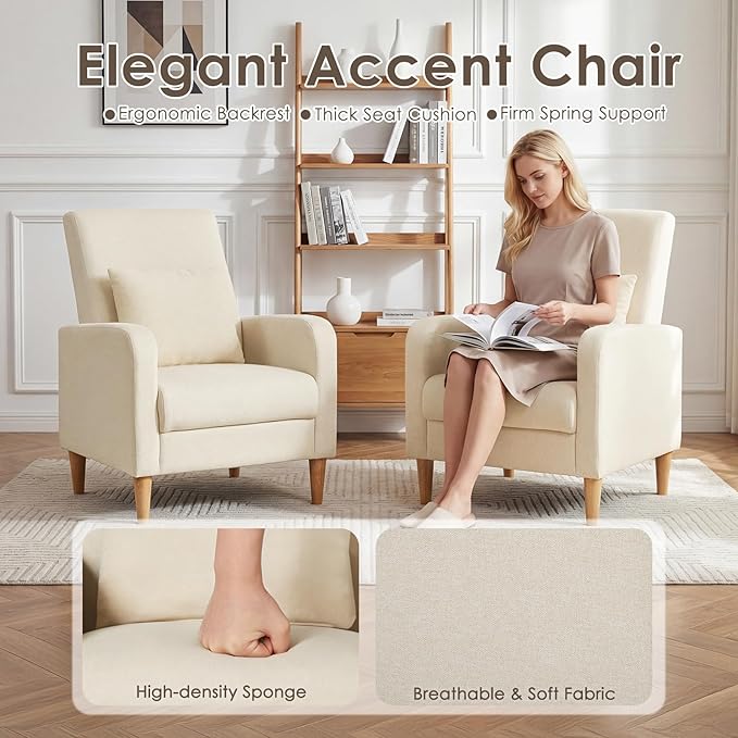 COLAMY Mid-Century Modern Upholstered Accent Chair with Back Pillow & Solid Wood Legs, Fabric Cozy Armchair for Living Room, Bedroom, Reading Nook, Apartment & Small Spaces, White