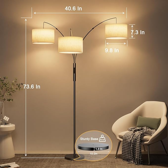 SIBRILLE 36W Corner Floor Lamp Dimmable - 3 Lights Arc Floor Lamps Standing Lamp with Remote & Touch Control, Tall Lamp for Living Room Corner, Bedroom, Office