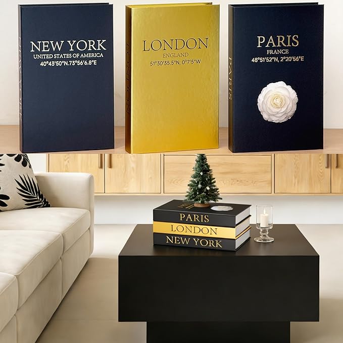 Decorative Books for Coffee Table Decor,3 PCS Stylish Fake Books of Room Decor Aesthetic,for Home Decor,Shelf,Entryway,Console Table,Fireplace Mantel Decor(Black and Gold Foil Stamping)