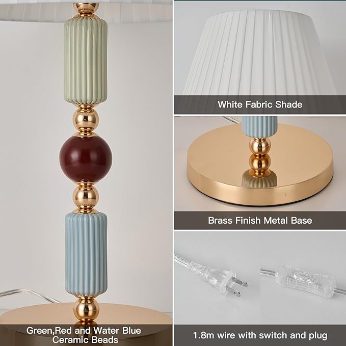 White Fabric Shade Table Lamp Modern Metal Desk Lamp with Plug Cord Switch for Bedroom Bedside