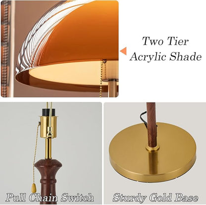 Tea Brown Dome Acrylic Shade Floor Lamp with Pull Chain,Mushroom Standing Lamp with Golden Base,Mid Century Modern Floor Light for Living Room Bedroom and Office