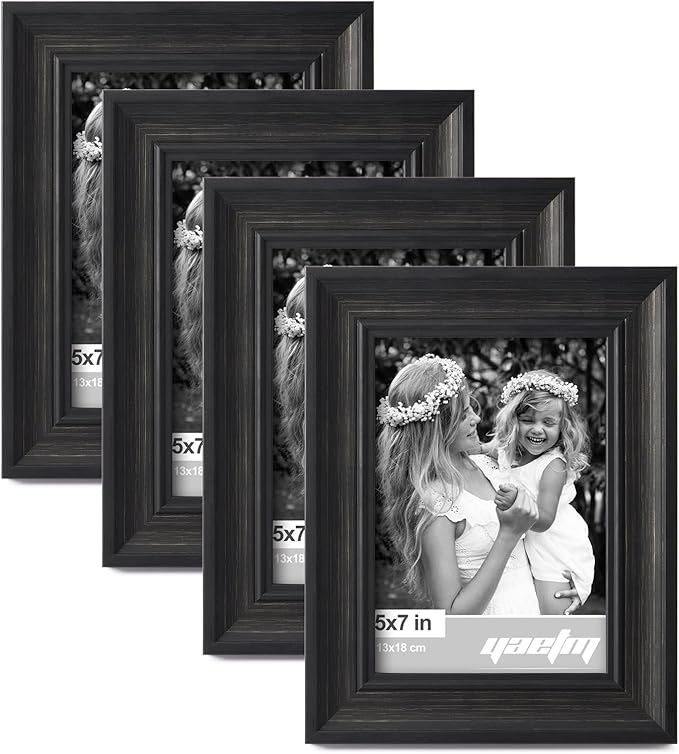 Yaetm Black 5x7 Picture Frame Set of 4, 1.4” Wide Molding & Distressed Black Photo Frames 5 x 7 with HD Tempered Glass, Display on Tabletop & Wall Mounting, 4 Pack