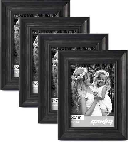 Yaetm Black 5x7 Picture Frame Set of 4, 1.4” Wide Molding & Distressed Black Photo Frames 5 x 7 with HD Tempered Glass, Display on Tabletop & Wall Mounting, 4 Pack