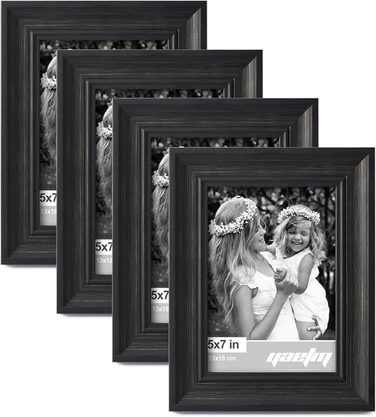Yaetm Black 5x7 Picture Frame Set of 4, 1.4” Wide Molding & Distressed Black Photo Frames 5 x 7 with HD Tempered Glass, Display on Tabletop & Wall Mounting, 4 Pack