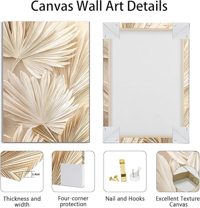3 Pcs Beige Reeds Botanical Framed Canvas Wall Art Neutral Palm Fronds Wall Paintings Quiet Beach Landscapes Art Prints Picture Home Decor for Bedroom Living Room Office Reay to Hang 20"x28"x3Pcs