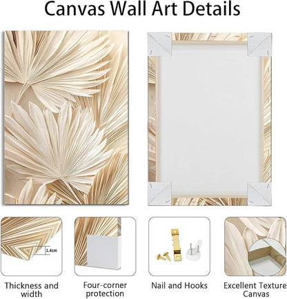 3 Pcs Beige Reeds Botanical Framed Canvas Wall Art Neutral Palm Fronds Wall Paintings Quiet Beach Landscapes Art Prints Picture Home Decor for Bedroom Living Room Office Reay to Hang 20"x28"x3Pcs
