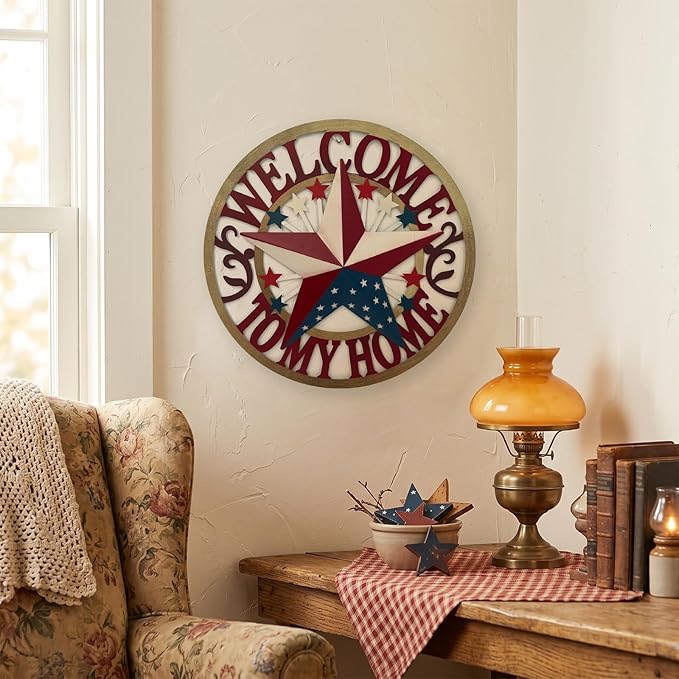 Patriotic Outdoor Decor USA Metal Star Hanging Welcome Home Signs Metal Wall Decor 4th of July Patriotic Front Door Wreaths Hanger,Meta Flag Garden Fence Patio Front Porch Yard Indoor Outdoor 12''H