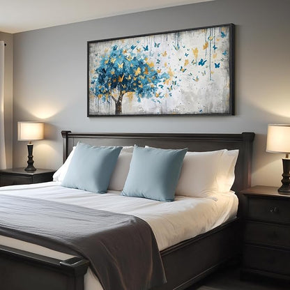 Framed Large Tree Wall Art, Blue and Gold Abstract Tree of Life Canvas Painting Print Artwork for Walls, Modern Golden Butterfly Picture for Living Room Bedroom Dining Room Hallway Wall Decor, 20x40