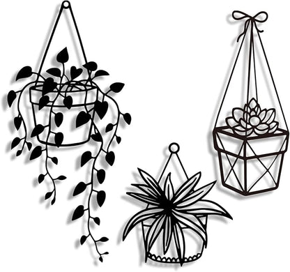 Vineland Metal Wall Art for Bathroom, Set of 3 Botanical Plant Designs, Minimalist Modern Boho Hanging for Home Outdoor Decor (Black)