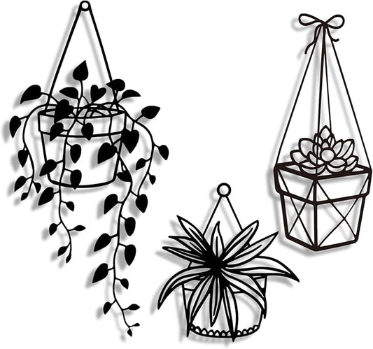 Vineland Metal Wall Art for Bathroom, Set of 3 Botanical Plant Designs, Minimalist Modern Boho Hanging for Home Outdoor Decor (Black)