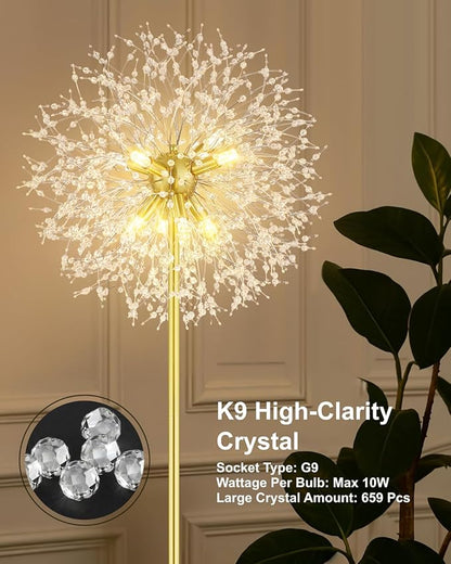 Crystal Floor Lamp, 69'' Modern Floor Lamp for Living Room, Standing Lamp with On/Off Foot Switch, Metal Tall Lamps with 659 PCS K9 Crystals, Gold Pole Living Room Lights (Gold/8) Bulbs NOT Included