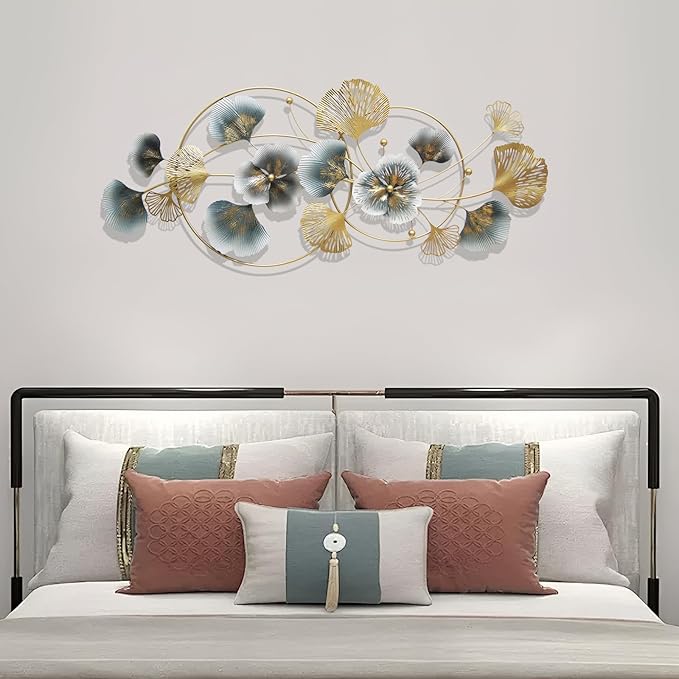 QXSXKJ 3D Metal Wall Art Decor Gold, 59" Large 3d Wall Decor, Modern Ginkgo Leaf Wall Decoration, Adornos Pare Sala Modernos, Hanging Sculptures For Living Room Dining Room Bedroom