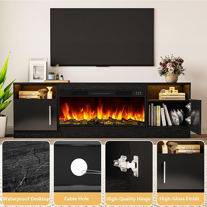 Tavata Fireplace TV Stand Entertainment Center with 36" Fireplace, 70" Wooden TV Stand for TVs Up to 80", Media TV Console with High Gloss Storage Cabinet and 16 Colors LED Lights (Black)