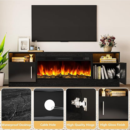 Tavata Fireplace TV Stand Entertainment Center with 36" Fireplace, 70" Wooden TV Stand for TVs Up to 80", Media TV Console with High Gloss Storage Cabinet and 16 Colors LED Lights (Black)