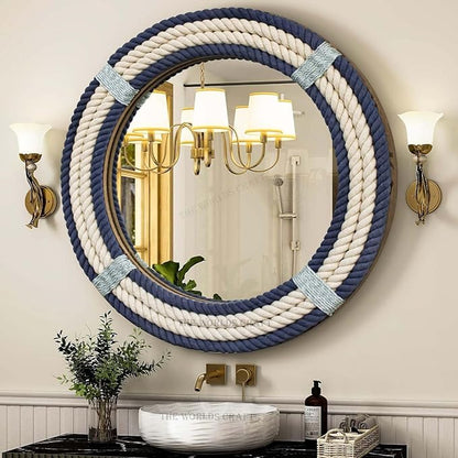 Nautical Round Rope Mirror - White Twisted Rope wall Hanging Mirror, Rustic Boho & Coastal Farmhouse Décor for Bathroom, Bedroom, Nursery, or Entryway