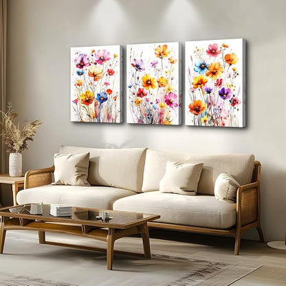 DZRWUBHS Watercolour Floral Wall Art for Living Room Canvas Wall Decor for Bedroom Modern Family Decor Flowers Posters Vintage Wildflower Pictures Print Paintings Artwork Home Decoration 3 Piece