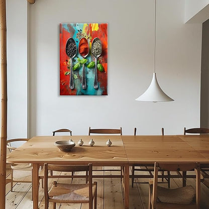 Kitchen Canvas Wall Art Colorful Spices Seasoning On Spoon Picture Print Abstract Contemporary Modern Artwork For Living Room Dining Room Hotel Decor(Artwork-6,24"x36")