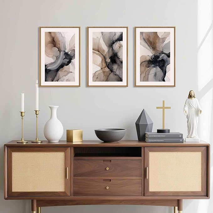 Celestdeco Large Abstract Neutral Framed Canvas Wall Art,Watercolor Black Ink Wall Decor,Modern Beige Brown Prints,Minimalist Line Artwork for Living Room,Bedroom,Dining Room,Office-16 x24 x3