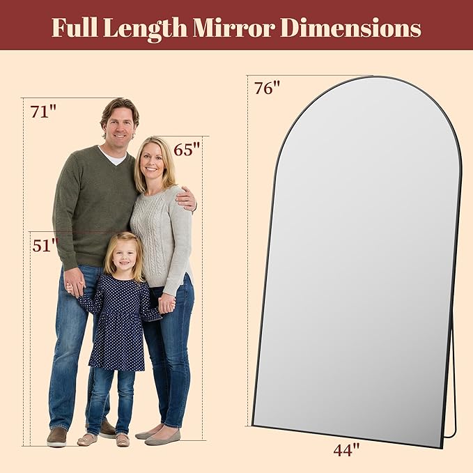 Suidia 76"x44" Arched Full Length Mirror with Stand, Full Body Mirror with Aluminum Frame, Freestanding/Leaning/Wall-Mounted, Floor Mirrors for Bedroom, Living Room, Entryway, Dressing Room, Black