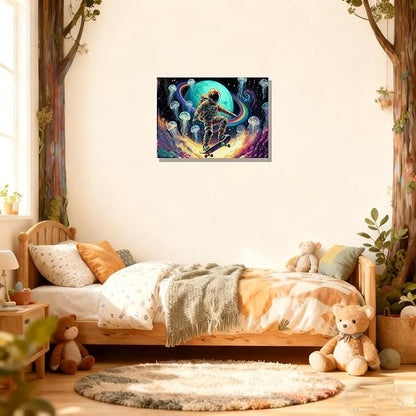 12x16 Framed Space Astronaut Skateboard Canvas Wall Art Colorful Galaxy Print with Jellyfish Rainbow Cosmic Teen Boys Room Fantasy Decor Kid Bedroom Funny Earth Poster Child Study Room Office Picture