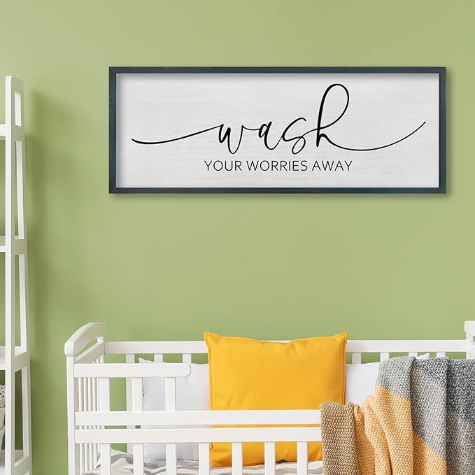 FZMHASLWW Funny Laundry Room Bathroom Wall Decor Wash Your Worries Away Sign 32"×12" Inspirational Quote Art for above the Bathtub Restroom Large Minimalist Wood Framed Hanging Plaqu (Black)