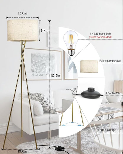 Lightdot 62IN Tripod Floor Lamps for Living Room, Modern Standing Lamp with Off-White Fabric Shade, Mid Century Industrial Standing Tall Lamp for Bedroom, Home Office-Gold